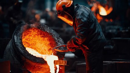 Industrial scene with a skilled laborer inspecting the refractory lining of a pouring ladle during routine maintenance in a manufacturing plant.