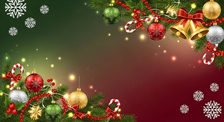 Christmas themed background with ornaments, bells, candy canes and snowflakes design art