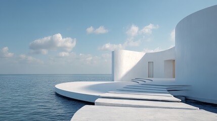 A white building with curved walls on the sea, a 3D render