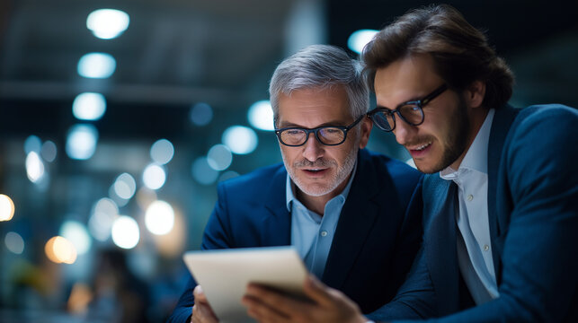 Two diverse male colleagues examining digital tablet together faceless coworkers defocused workplace background reviewing online presentation manager consulting junior staff