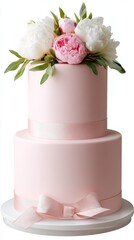 Elegant two-tier pink wedding cake with floral decoration