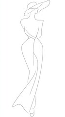 Elegant line drawing of stylish female silhouette in hat and dress