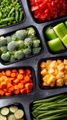 Colorful assortment of fresh chopped vegetables in black containers