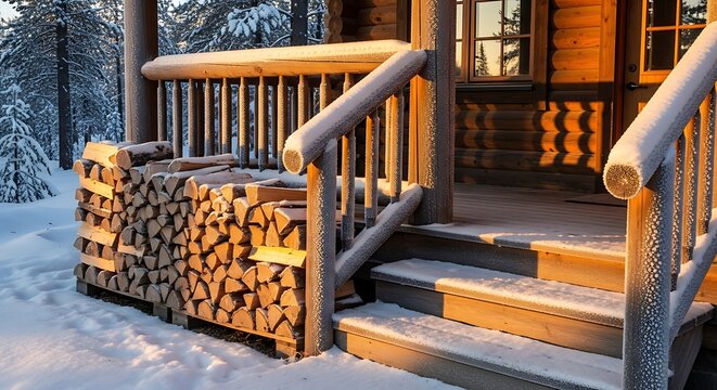 Cozy wooden log cabin porch featuring a neatly arranged stack of chopped firewood stored beneath the railing, ready for a cold winter evening.