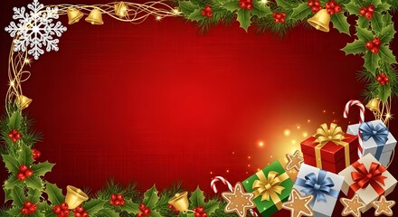 A christmas themed background with gifts, holly, bells and a large snowflake design