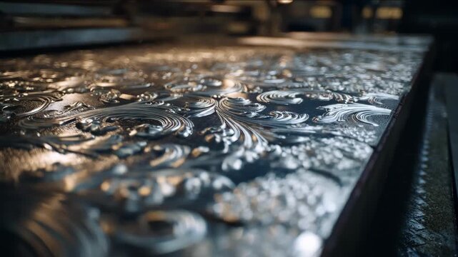 Close medium shot capturing the precise movement of machinery embossing elegant floral designs onto shiny metal sheets in a factory setting.