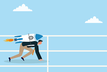 Vector illustration of a businessman in a starting position with a rocket strapped to his back, symbolizing fast progress, motivation, ambition, and launching toward success with powerful momentum
