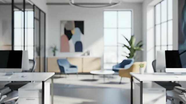 A modern, bright, and spacious open-plan office environment is captured with a shallow depth of field, creating a visually appealing blur in the foreground and background. The scene features contempor