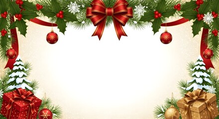 A festive christmas frame with ornaments, gifts and a red bow on a light background