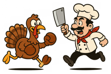 Chef chasing a running turkey with a cleaver for thanksgiving dinner, hungry cook pursuing poultry, transparent background