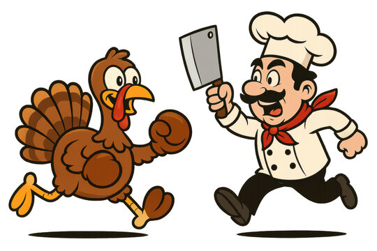 Chef chasing a running turkey with a cleaver for thanksgiving dinner, hungry cook pursuing poultry, transparent background