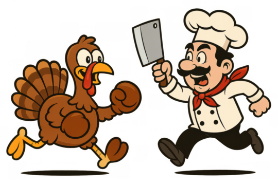 Chef chasing a running turkey with a cleaver for thanksgiving dinner, hungry cook pursuing poultry, transparent background