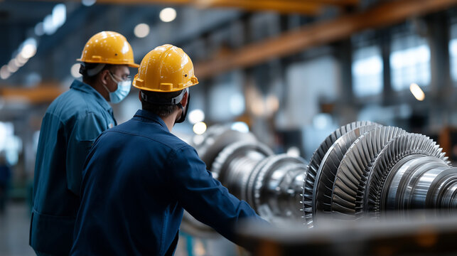 Two industrial workers in protective headgear examining large turbine engines faceless technicians defocused manufacturing facility background assembly inspection scene machine - Powered by Adobe