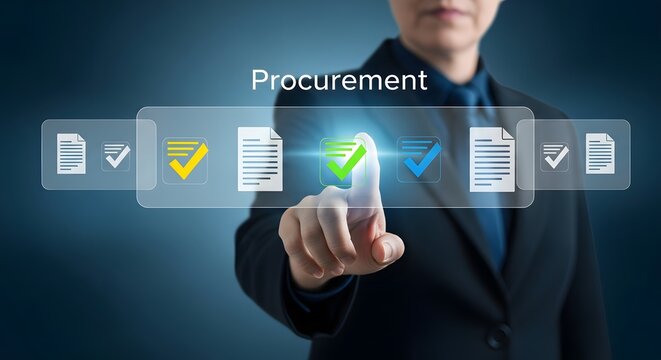 Businessman touching digital screen with procurement process icons