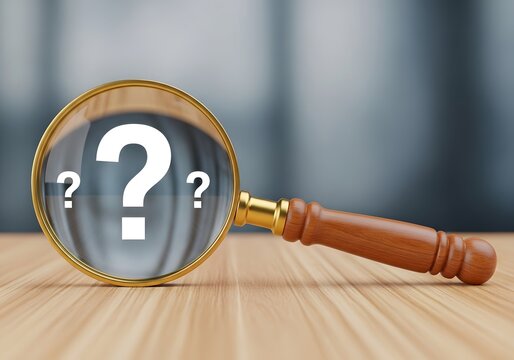 Magnifying glass over question marks symbolizing mystery and investigation