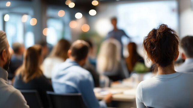 Business professionals attending educational seminar faceless audience participants defocused training session background engaging with instructor presentation professional dev - Powered by Adobe