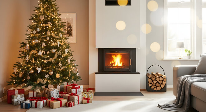 Festive Warmth: A beautifully adorned Christmas tree, radiant with twinkling lights, stands proudly next to a fireplace, creating a cozy and inviting atmosphere. Presents add a touch of anticipation.