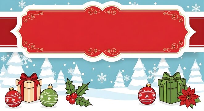 A christmas themed background with a red banner, gifts, and snowy trees illustration - Powered by Adobe
