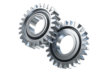 Two interlocking metal gears isolated on white background