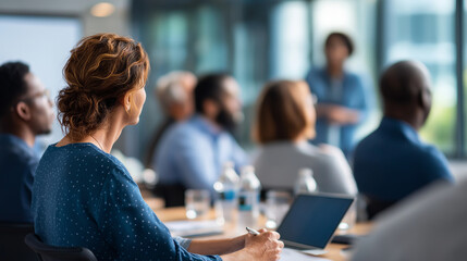 Business professionals attending educational seminar faceless audience participants defocused training session background engaging with instructor presentation professional dev