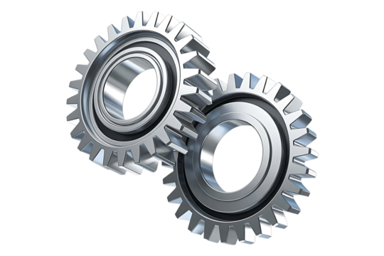 Two interlocking metal gears isolated on white background