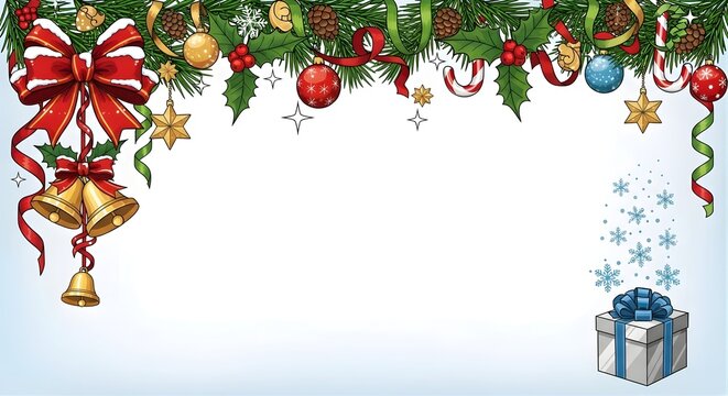 Festive christmas garland with ornaments bells and a gift box illustration design