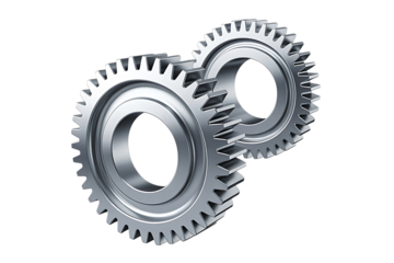Two interlocking metal gears isolated on white background