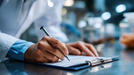 Quality control specialist in laboratory garment recording data on documentation board faceless inspector defocused production facility background world quality day meticulous