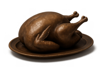 Bronze roast turkey sculpture on a platter for thanksgiving dinner concepts, representing art, celebration, and tradition