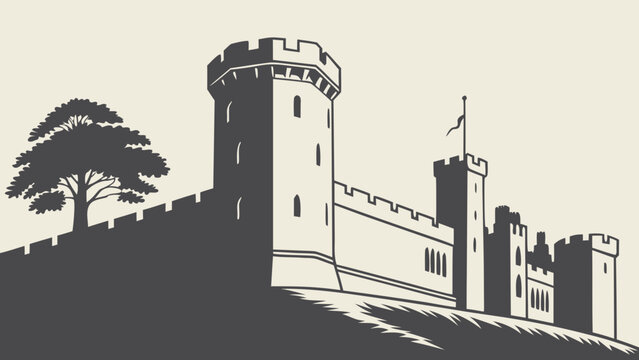 Warwick Castle &ndash; Minimal Medieval Silhouette, Clean British Landmark Design, Modern Historic Architecture Vector Illustration