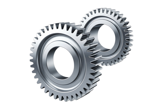 Two interlocking metal gears isolated on white background