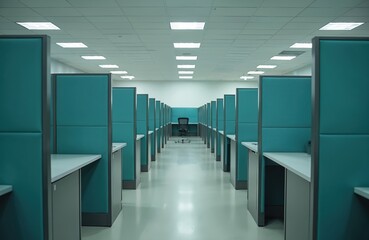 Empty corporate office space. Rows of cubicles stand ready, awaiting workers. A quiet work area setup, neat in its cleanliness. Modern design meets functional layout for employee work space.