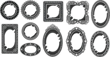 Set of vintage ornate picture frames in black silhouette, flat vector illustration, CAD drawing style, decorative border collection for design projects