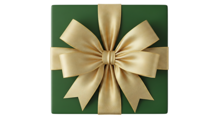 Transparent background green gift box with golden ribbon and bow, isolated on transparent background