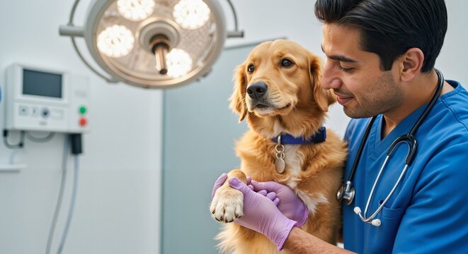 Male veterinarian examining a golden retriever dog in a clinic. Professional vet doctor holding pet paw during medical checkup. Animal healthcare concept