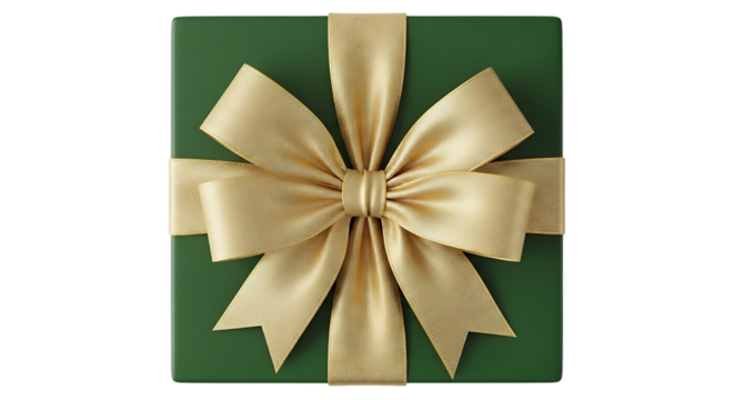 Transparent background green gift box with golden ribbon and bow, isolated on transparent background