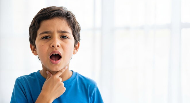 Sick young boy touching his neck with a sore throat. Child in pain having difficulty swallowing or voice problems. Copy space