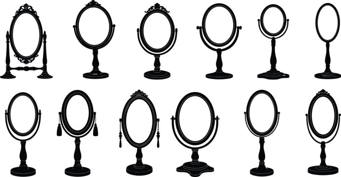 Vanity mirror silhouette collection, tabletop mirror shapes, decorative mirror designs, oval and round frames, vintage mirror styles, cad drawing flat vector illustration