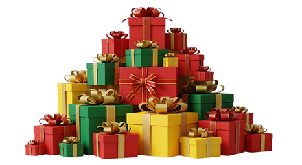 Transparent background large stack of colorful gift boxes with ribbons and bows, isolated on transparent background