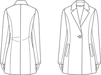 Women's tailored coat technical sketch, front back view, single-button fashion drawing, CAD vector illustration, garment construction, princess seams