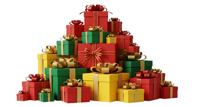 Transparent background large stack of colorful gift boxes with ribbons and bows, isolated on transparent background