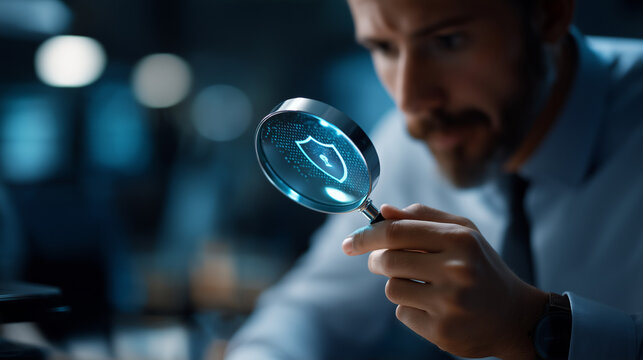 Cybersecurity analyst examining data protection with magnification tool and illuminated shield faceless professional defocused security background modern business defense digit
