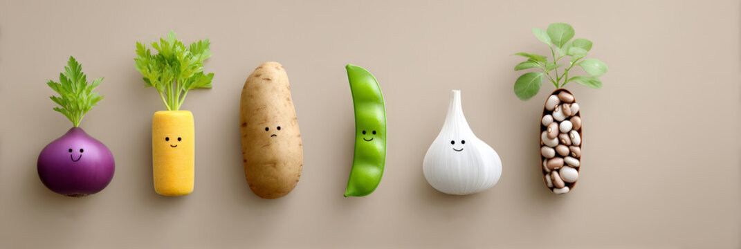 Cute faces on vegetables and legumes: onion, carrot, potato, pea, garlic, beans - Powered by Adobe
