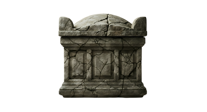Transparent background ancient stone sarcophagus with cracks, isolated on transparent background