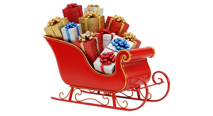 Transparent background red santas sleigh full of colorful christmas gifts, isolated on transparent background