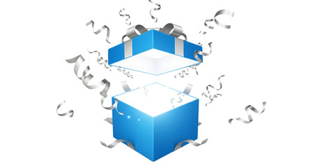 Transparent background blue gift box opening with light and silver confetti isolated on transparent background