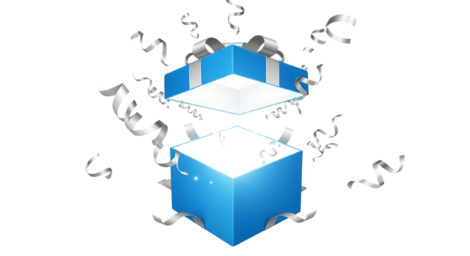 Transparent background blue gift box opening with light and silver confetti isolated on transparent background - Powered by Adobe