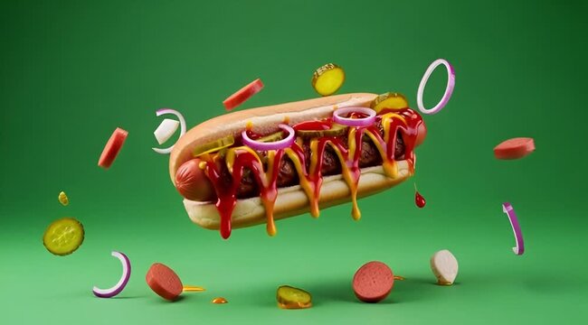 Hot Dog with slices falling on green screen 