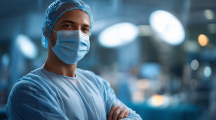 Confident surgeon in modern operating facility faceless medical professional defocused surgical room background healthcare expertise pose clinical environment portrait medical