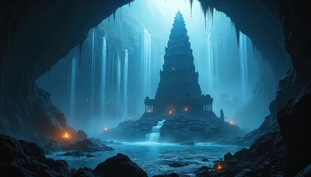 Ancient temple ruins emerge from underground cavern. Blue waterfalls cascade down rocky walls into a water pool. Small fires glow on dark rocks, illuminating mysterious lost city. - Powered by Adobe